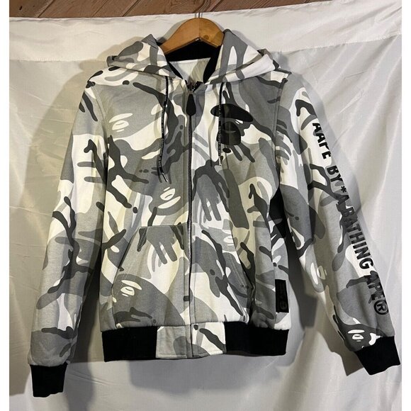 AAPE by A Bathing Ape Jacket Men's S Reversible Zip White/Gray Camo Hoodie - Picture 8 of 16